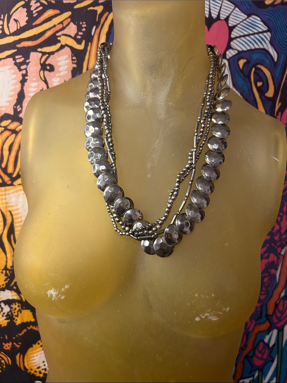 Vintage artisan brutalist silver multi strand necklace with matching earrings